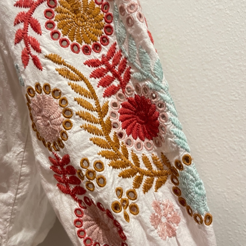 Madewell Blouse White Colorful Embroidered Popover Sleeve Hippie 70’s Vibes Sz M - Picture 5 of 15